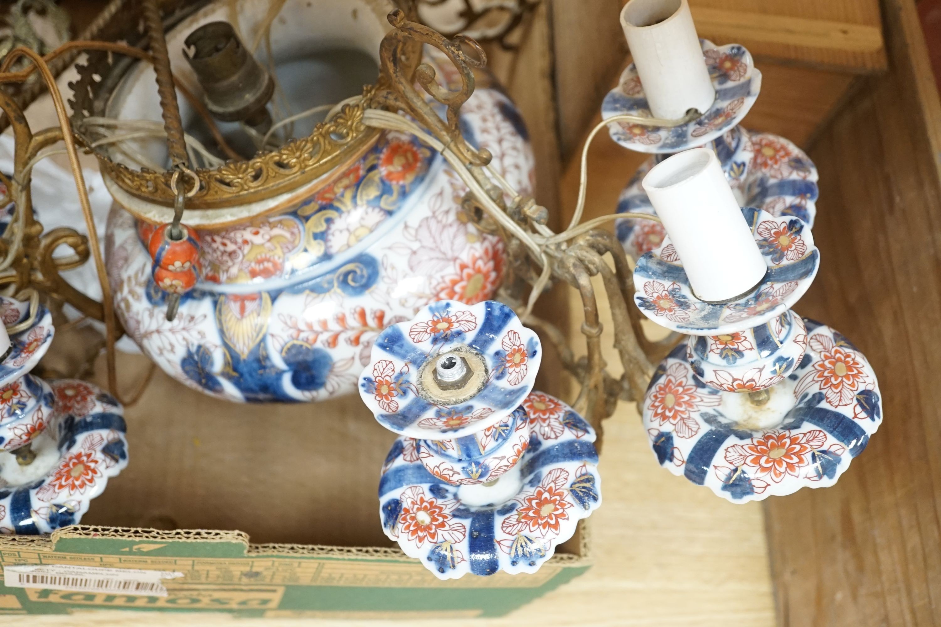 A 19th century spelter and Imari 3 branch chandelier, converted to electric